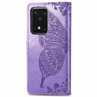 For Samsung Galaxy S20 Ultra Butterfly Love Flower Embossed Horizontal Flip Leather Case with Bracket / Card Slot / Wallet / Lanyard(Light Purple)