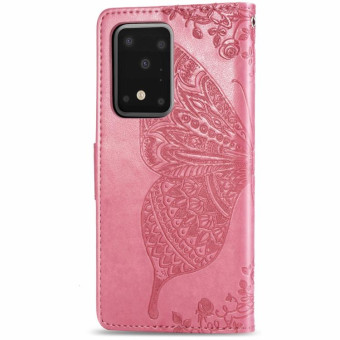 For Samsung Galaxy S20 Ultra Butterfly Love Flower Embossed Horizontal Flip Leather Case with Bracket / Card Slot / Wallet / Lanyard(Pink)