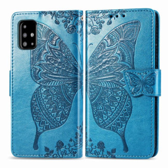 For Galaxy A71 Butterfly Love Flower Embossed Horizontal Flip Leather Case with Bracket / Card Slot / Wallet / Lanyard(Blue)