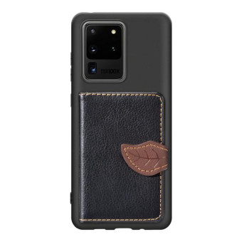 For Galaxy S20 Ultra Leaf Buckle Litchi Texture Card Holder PU + TPU Case with Card Slot & Wallet & Holder & Photo Frame(Black)