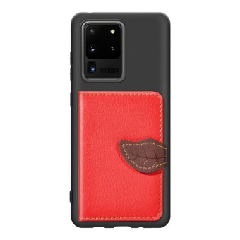 For Galaxy S20 Ultra Leaf Buckle Litchi Texture Card Holder PU + TPU Case with Card Slot & Wallet & Holder & Photo Frame(Red)