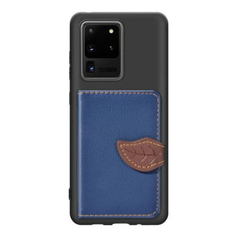 For Galaxy S20 Ultra Leaf Buckle Litchi Texture Card Holder PU + TPU Case with Card Slot & Wallet & Holder & Photo Frame(Blue)