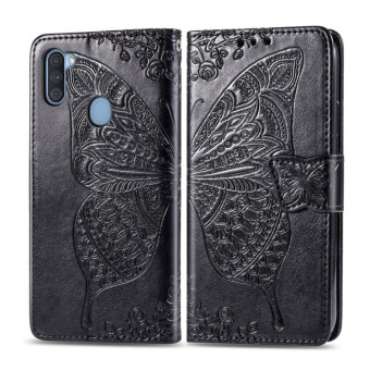 For Galaxy A11 Butterfly Love Flower Embossed Horizontal Flip Leather Case with Bracket / Card Slot / Wallet / Lanyard(Black)
