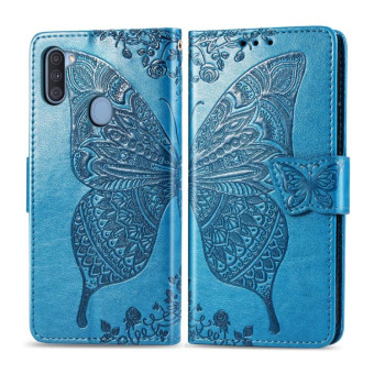 For Galaxy A11 Butterfly Love Flower Embossed Horizontal Flip Leather Case with Bracket / Card Slot / Wallet / Lanyard(Blue)