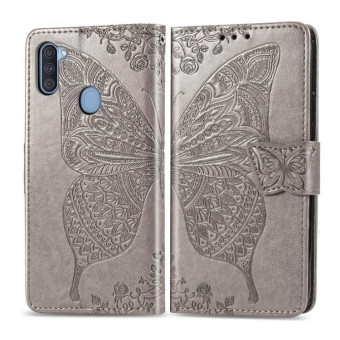For Galaxy A11 Butterfly Love Flower Embossed Horizontal Flip Leather Case with Bracket / Card Slot / Wallet / Lanyard(Gray)