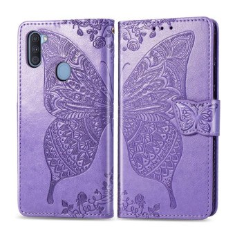 For Galaxy A11 Butterfly Love Flower Embossed Horizontal Flip Leather Case with Bracket / Card Slot / Wallet / Lanyard(Light Purple)
