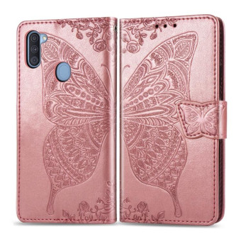 For Galaxy A11 Butterfly Love Flower Embossed Horizontal Flip Leather Case with Bracket / Card Slot / Wallet / Lanyard(Rose Gold)