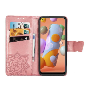 For Galaxy A11 Butterfly Love Flower Embossed Horizontal Flip Leather Case with Bracket / Card Slot / Wallet / Lanyard(Rose Gold)