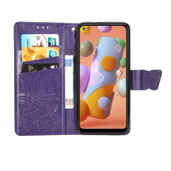 For Galaxy A11 Butterfly Love Flower Embossed Horizontal Flip Leather Case with Bracket / Card Slot / Wallet / Lanyard(Dark Purple)