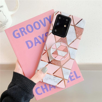 For Galaxy A71 Plating Colorful Geometric Pattern Mosaic Marble TPU Mobile Phone Case with Folding Bracket(Pink  PF1)