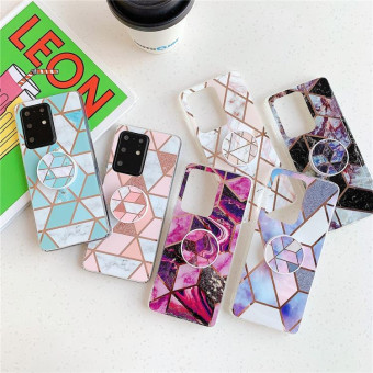 For Galaxy S20 Plus Plating Colorful Geometric Pattern Mosaic Marble TPU Mobile Phone Case with Folding Bracket(Blue PF4)