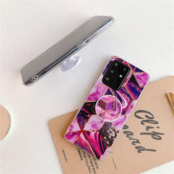 For Galaxy S20  Ultra Plating Colorful Geometric Pattern Mosaic Marble TPU Mobile Phone Case with Folding Bracket(White PF3)