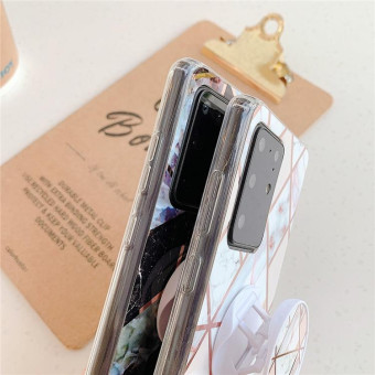 For Galaxy S20  Ultra Plating Colorful Geometric Pattern Mosaic Marble TPU Mobile Phone Case with Folding Bracket(White PF3)