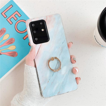 For Galaxy A51 High Quality TPU Smooth Marble with Ring Metal Rhinestone Bracket Mobile Phone Protective Case(Blue Q7)