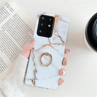 For Galaxy A51 High Quality TPU Smooth Marble with Ring Metal Rhinestone Bracket Mobile Phone Protective Case(Gold Q23)