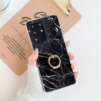 For Galaxy S20 Plus TPU Smooth Marble with Ring Metal Rhinestone Bracket Mobile Phone Protective Case(Black Q30)
