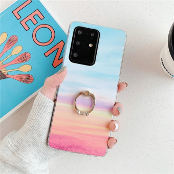For Galaxy S20 Ultra TPU Smooth Marble with Ring Metal Rhinestone Bracket Mobile Phone Protective Case(Rainbow Q16)