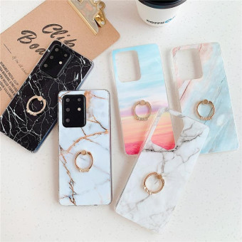 For Galaxy S20 Ultra TPU Smooth Marble with Ring Metal Rhinestone Bracket Mobile Phone Protective Case(Rainbow Q16)