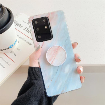 For Galaxy S20 Ultra TPU Smooth Marble Pattern With Folding Bracket Mobile Phone Cose(Blue A7)