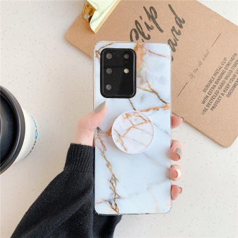 For Galaxy A51 TPU Smooth Marble Pattern With Folding Bracket Mobile Phone Cose(Gold A23)