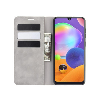 For Galaxy A31 Retro-skin Business Magnetic Suction Leather Case with Holder & Card Slots & Wallet(Grey)