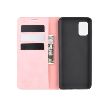 For Galaxy A31 Retro-skin Business Magnetic Suction Leather Case with Holder & Card Slots & Wallet(Pink)