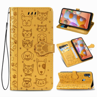 For Galaxy M11 Cute Cat and Dog Embossed Horizontal Flip Leather Case with Bracket / Card Slot / Wallet / Lanyard(Yellow)