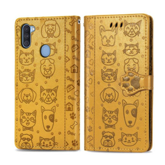 For Galaxy M11 Cute Cat and Dog Embossed Horizontal Flip Leather Case with Bracket / Card Slot / Wallet / Lanyard(Yellow)