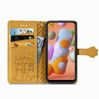 For Galaxy M11 Cute Cat and Dog Embossed Horizontal Flip Leather Case with Bracket / Card Slot / Wallet / Lanyard(Yellow)