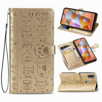 For Galaxy M11 Cute Cat and Dog Embossed Horizontal Flip Leather Case with Bracket / Card Slot / Wallet / Lanyard(Gold)