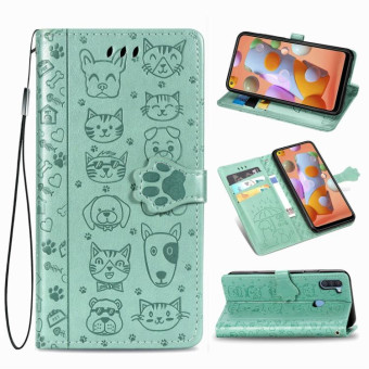 For Galaxy M11 Cute Cat and Dog Embossed Horizontal Flip Leather Case with Bracket / Card Slot / Wallet / Lanyard(Green)