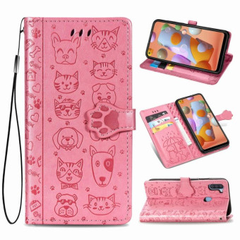 For Galaxy A11 Cute Cat and Dog Embossed Horizontal Flip Leather Case with Bracket / Card Slot / Wallet / Lanyard(Pink)