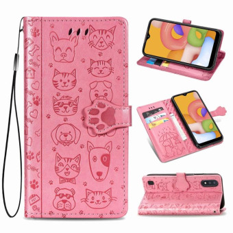 For Galaxy A01 Cute Cat and Dog Embossed Horizontal Flip Leather Case with Bracket / Card Slot / Wallet / Lanyard(Pink)