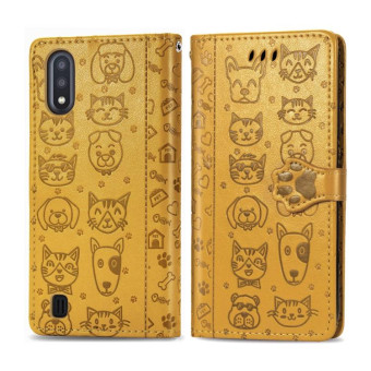 For Galaxy A01 Cute Cat and Dog Embossed Horizontal Flip Leather Case with Bracket / Card Slot / Wallet / Lanyard(Yellow)
