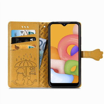 For Galaxy A01 Cute Cat and Dog Embossed Horizontal Flip Leather Case with Bracket / Card Slot / Wallet / Lanyard(Yellow)
