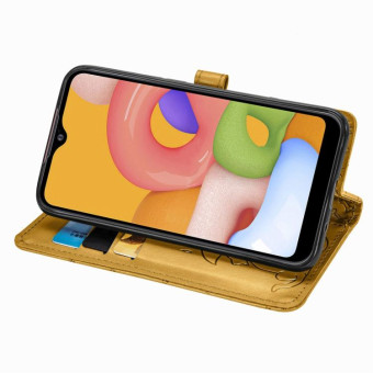 For Galaxy A01 Cute Cat and Dog Embossed Horizontal Flip Leather Case with Bracket / Card Slot / Wallet / Lanyard(Yellow)