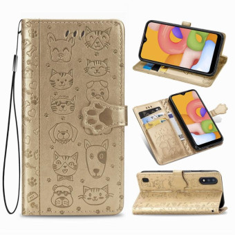 For Galaxy A01 Cute Cat and Dog Embossed Horizontal Flip Leather Case with Bracket / Card Slot / Wallet / Lanyard(Gold)