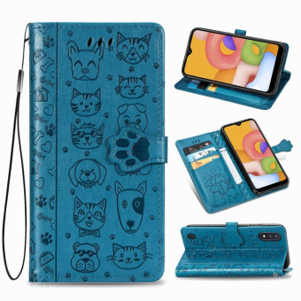 For Galaxy A01 Cute Cat and Dog Embossed Horizontal Flip Leather Case with Bracket / Card Slot / Wallet / Lanyard(Blue)