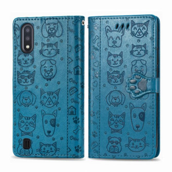For Galaxy A01 Cute Cat and Dog Embossed Horizontal Flip Leather Case with Bracket / Card Slot / Wallet / Lanyard(Blue)