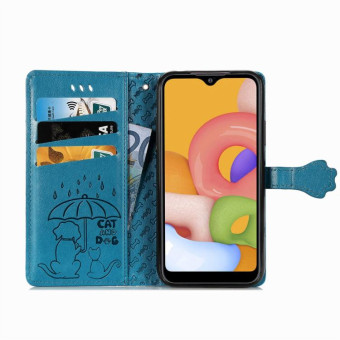 For Galaxy A01 Cute Cat and Dog Embossed Horizontal Flip Leather Case with Bracket / Card Slot / Wallet / Lanyard(Blue)