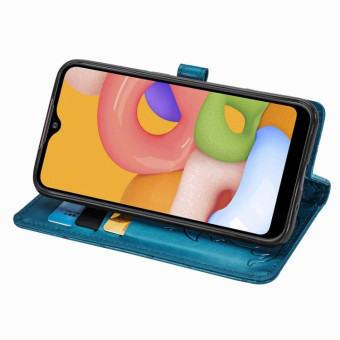 For Galaxy A01 Cute Cat and Dog Embossed Horizontal Flip Leather Case with Bracket / Card Slot / Wallet / Lanyard(Blue)