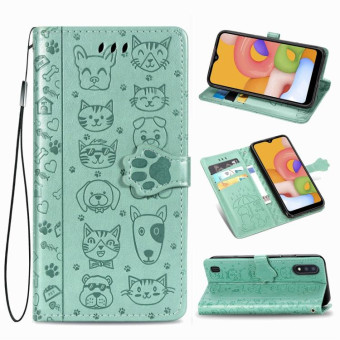 For Galaxy A01 Cute Cat and Dog Embossed Horizontal Flip Leather Case with Bracket / Card Slot / Wallet / Lanyard(Green)