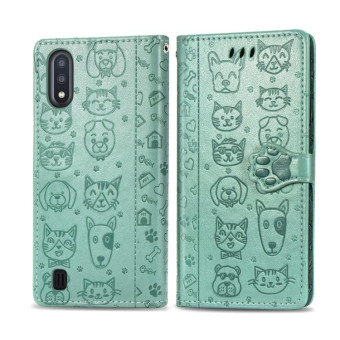 For Galaxy A01 Cute Cat and Dog Embossed Horizontal Flip Leather Case with Bracket / Card Slot / Wallet / Lanyard(Green)