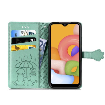 For Galaxy A01 Cute Cat and Dog Embossed Horizontal Flip Leather Case with Bracket / Card Slot / Wallet / Lanyard(Green)