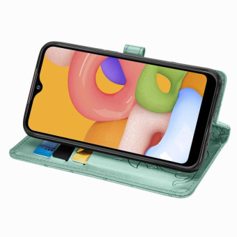 For Galaxy A01 Cute Cat and Dog Embossed Horizontal Flip Leather Case with Bracket / Card Slot / Wallet / Lanyard(Green)
