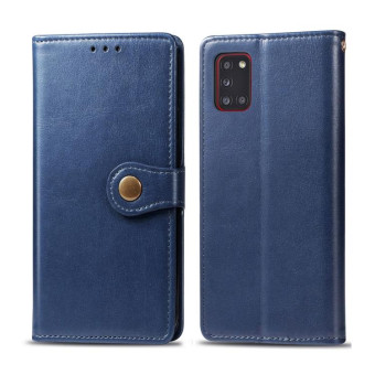For Galaxy A31 Retro Solid Color Leather Buckle Phone Case with Lanyard & Photo Frame & Card Slot & Wallet & Stand Function(Blue)