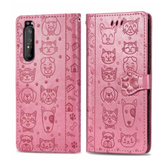For  Sony Xperia 1 II Cute Cat and Dog Embossed Horizontal Flip Leather Case with Bracket / Card Slot / Wallet / Lanyard(Pink)