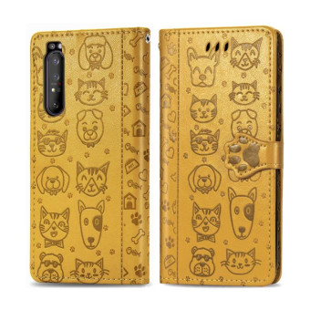 For  Sony Xperia 1 II Cute Cat and Dog Embossed Horizontal Flip Leather Case with Bracket / Card Slot / Wallet / Lanyard(Yellow)