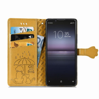 For  Sony Xperia 1 II Cute Cat and Dog Embossed Horizontal Flip Leather Case with Bracket / Card Slot / Wallet / Lanyard(Yellow)