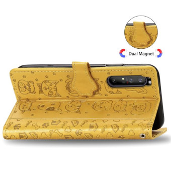 For  Sony Xperia 1 II Cute Cat and Dog Embossed Horizontal Flip Leather Case with Bracket / Card Slot / Wallet / Lanyard(Yellow)